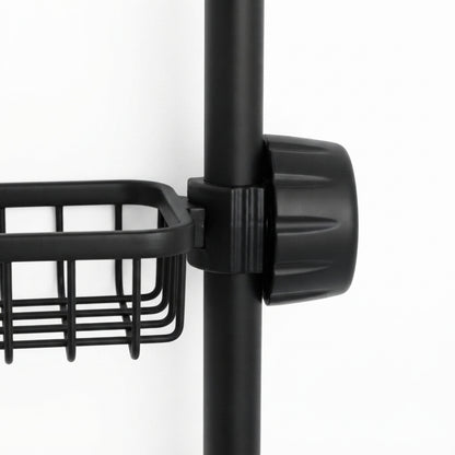 Black shower riser rail caddy with vented basket shelf and rail clamp