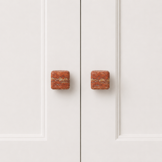 Square travertine cabinet knobs, reddish stone with speckles