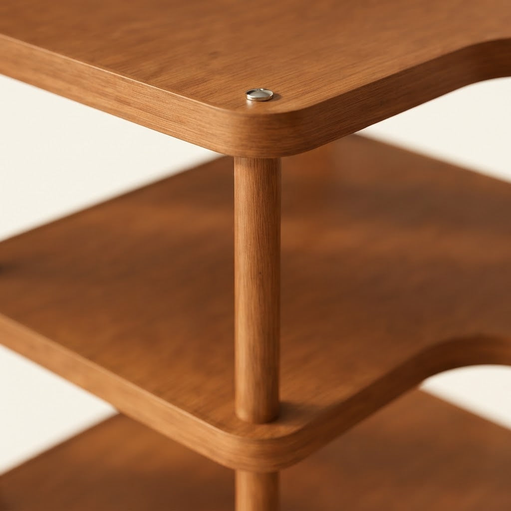 Bamboo kitchen corner worktop rack with tiered shelf and corner legs, metal screws visible