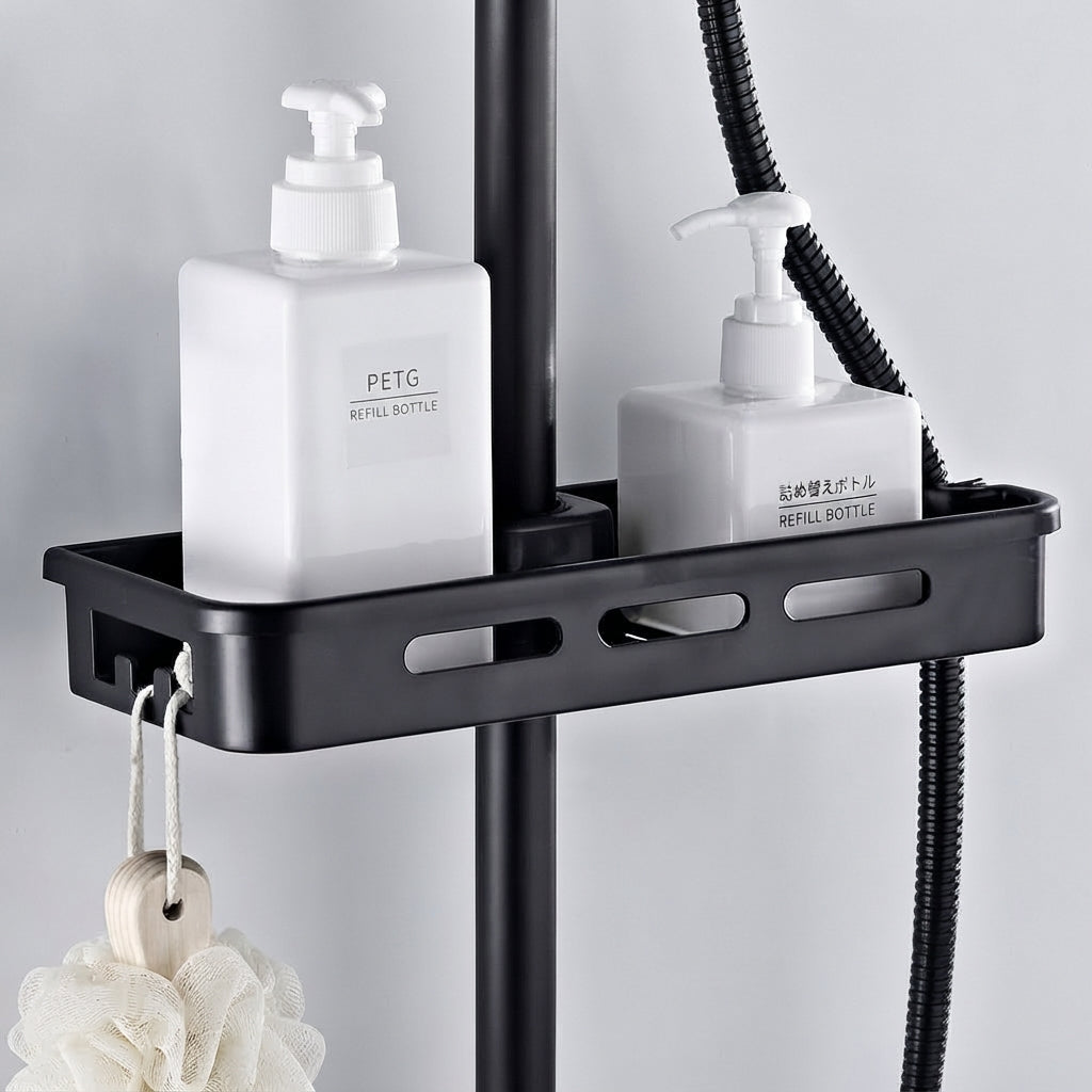 Dark gray shower riser rail caddy with side hooks, holding two white refill bottles