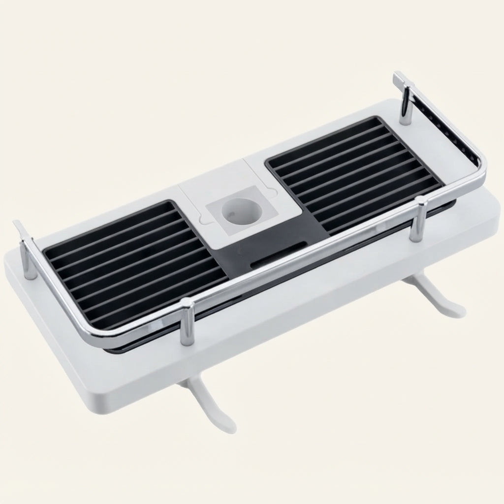 White shower riser rail caddy with black slatted tray and metal mounting pegs