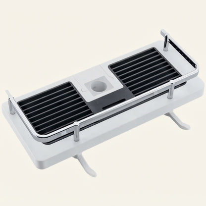 White shower riser rail caddy with black slatted tray and metal mounting pegs