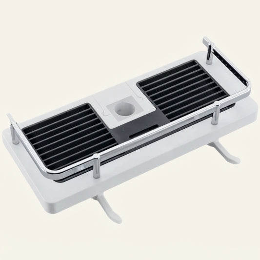 White shower riser rail caddy with black slatted tray and metal mounting pegs