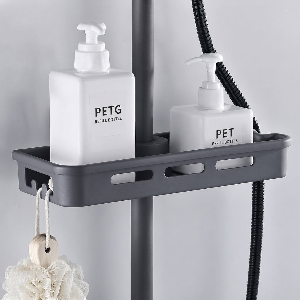 White shower riser rail caddy with side hooks, holding two refill bottles