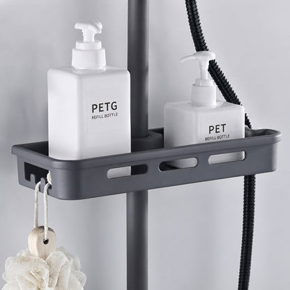 White shower riser rail caddy with side hooks, holding two refill bottles
