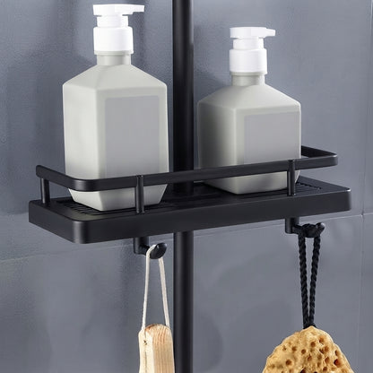 Gray shower riser rail caddy with two bottles and hanging sponge, black tray insert
