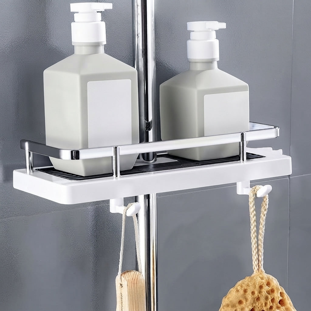 White and chrome shower riser rail caddy with black tray, two bottles and loofahs