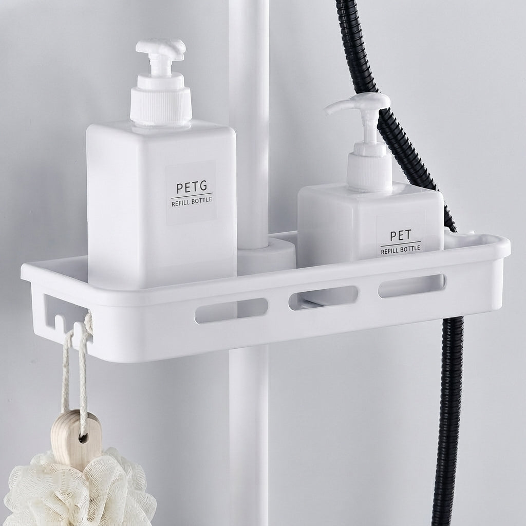 White shower riser rail caddy with side hooks, holding two PETG refill bottles