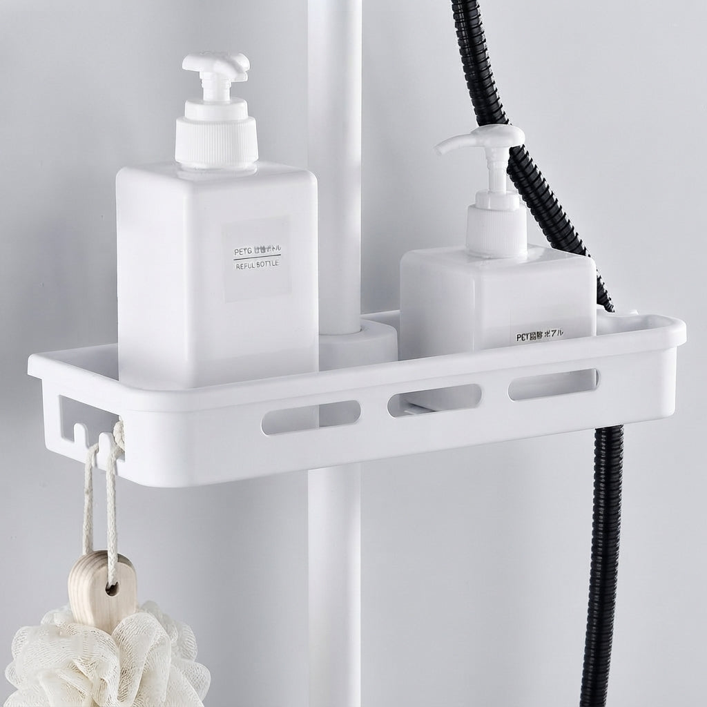 White shower riser rail caddy with side hooks and two PETG refill bottles