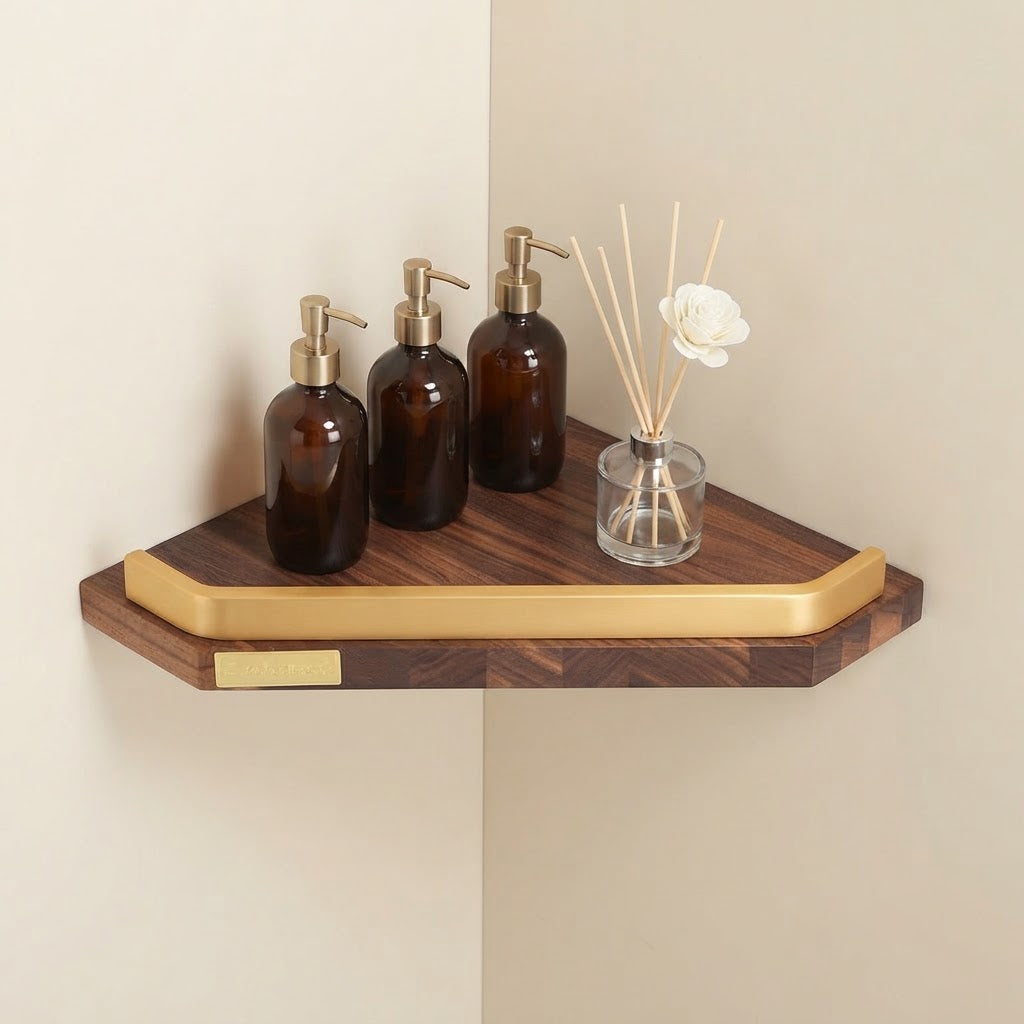Walnut wood floating corner shelf with gold guard rail, single tier