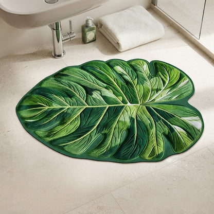 Monstera leaf non-slip bath mat in dark and light green under sink