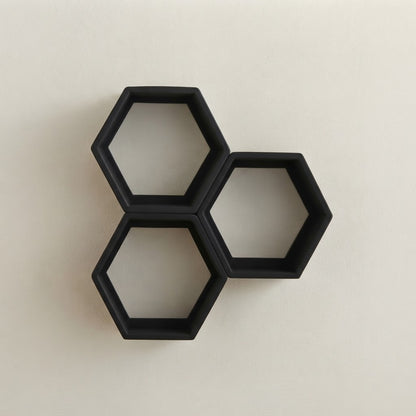 Black hexagon floating wall shelves, three-piece set with open frames