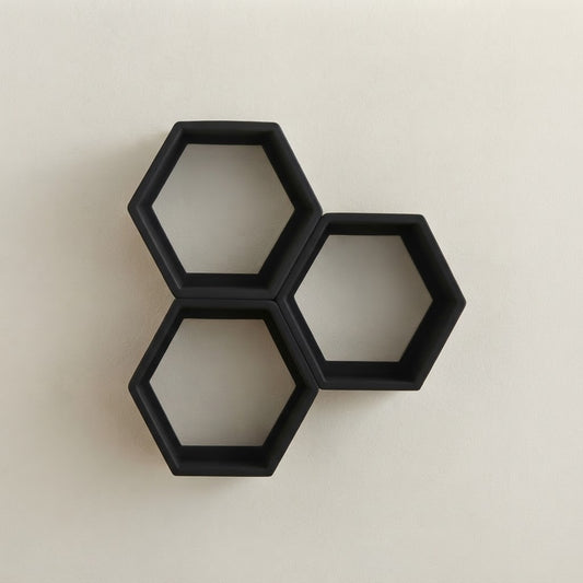 Black hexagon floating wall shelves, three-piece set with open frames