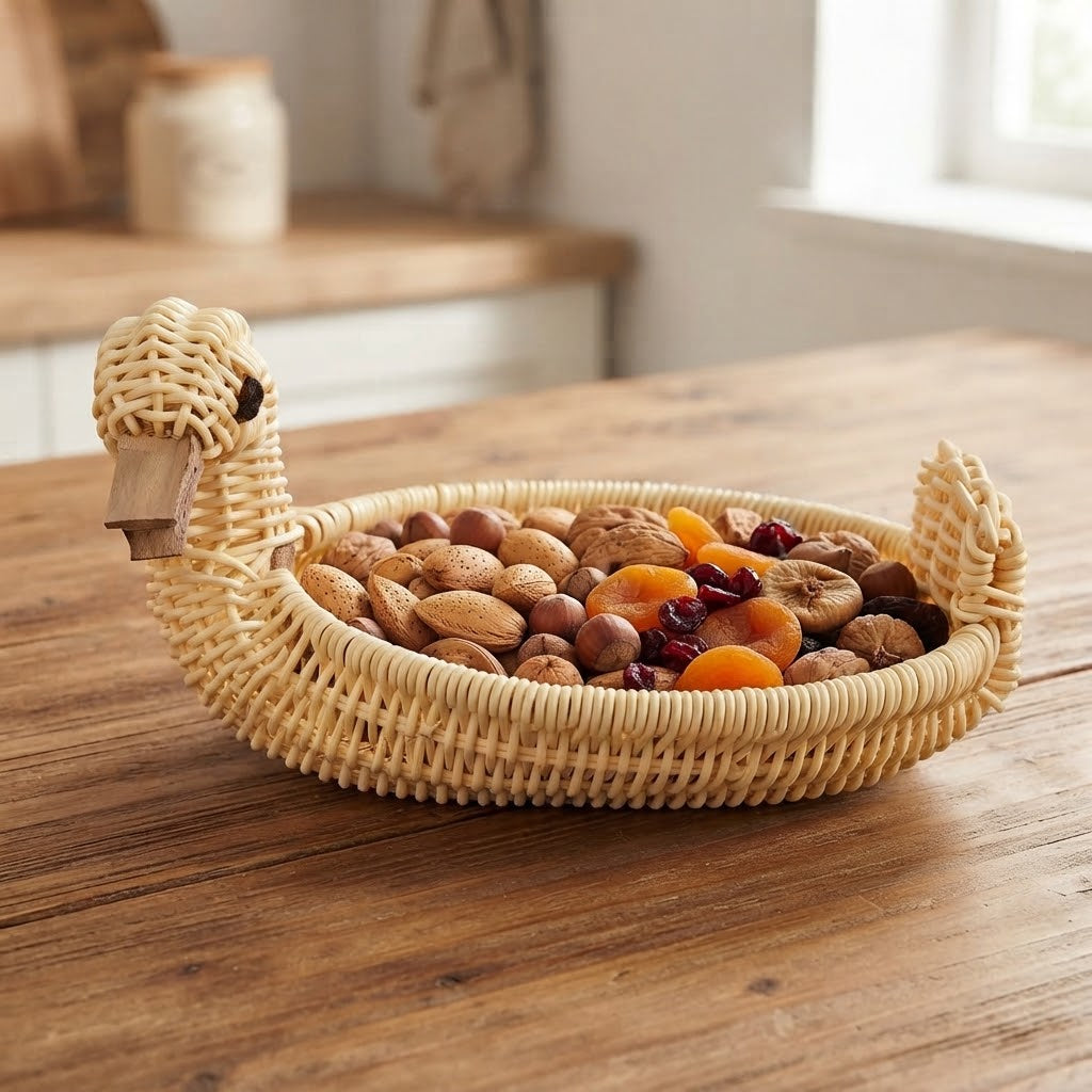 Woven bamboo animal storage basket with animal head on the left and oval tray