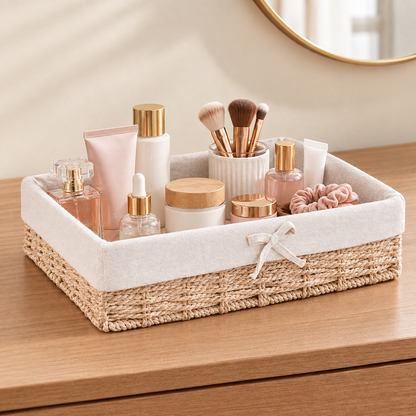 Woven willow straw storage basket with beige fabric liner, bow front, and vanity items