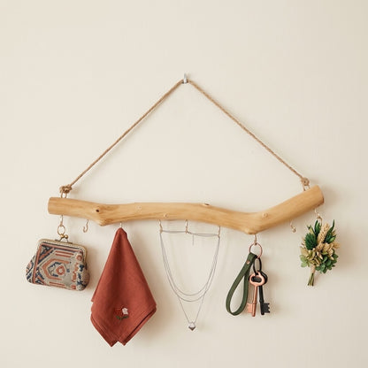 Rustic driftwood hook rail with rope hanger and loop hooks with hanging accessories