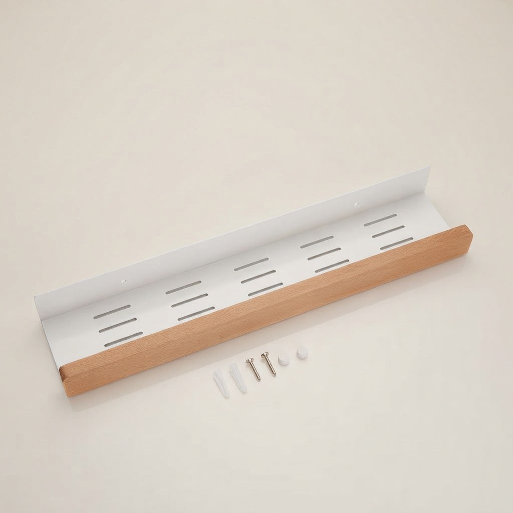 Wall-mounted beech wood slatted shelf with white backing and visible mounting hardware