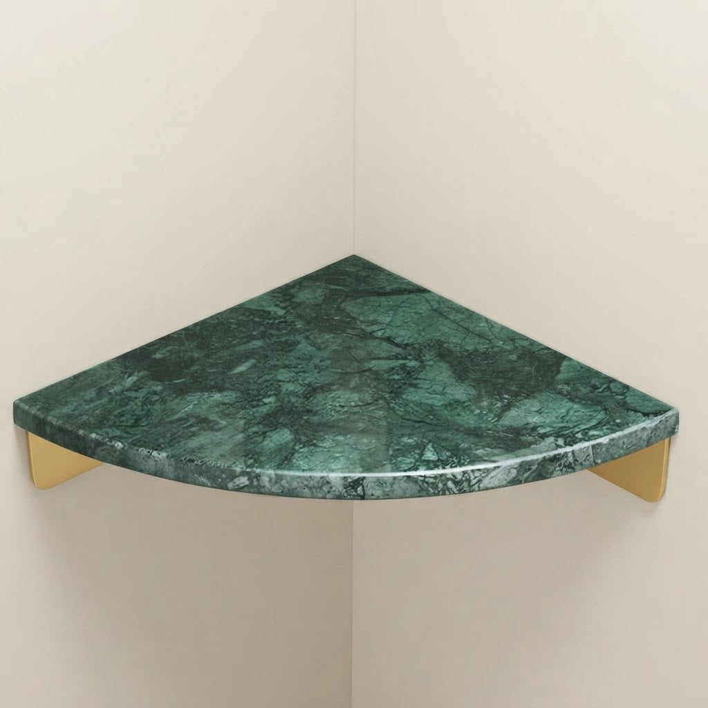 Green marble corner floating shelf with gold supports, smooth rounded tabletop corner