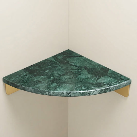 Green marble corner floating shelf with gold supports, smooth rounded tabletop corner