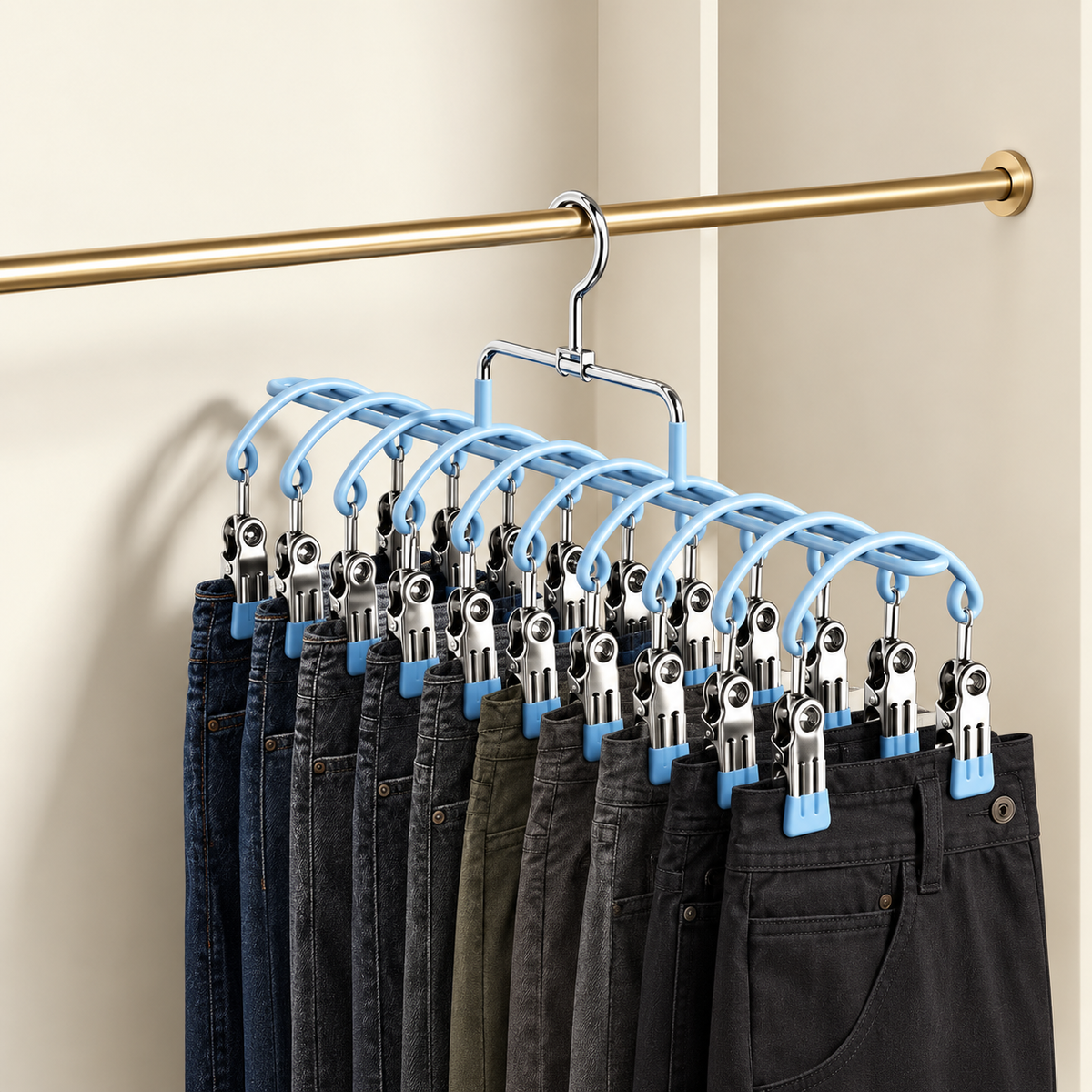 10-tier multi-peg hanger with blue pegs and clips holding jeans