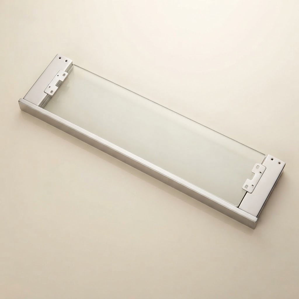 Kilor floating glass shelf with mounting brackets and clear glass panel