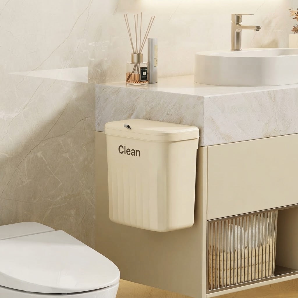 Beige two-way hanging cupboard door bin mounted on cabinet door with lid closed