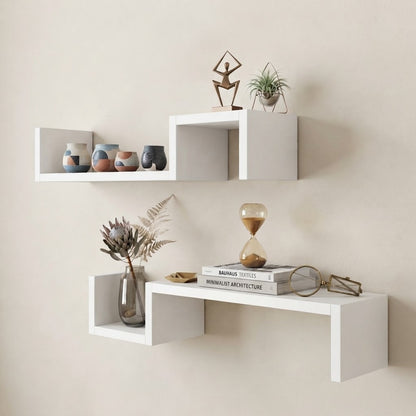 White geometric wall shelf set with three open compartments