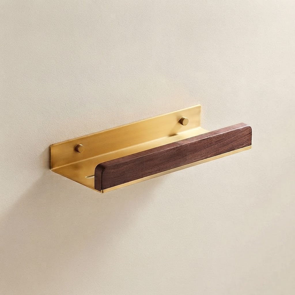 Walnut wood floating bathroom storage shelf with light gold mounting back and end caps