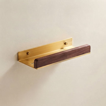 Walnut wood floating bathroom storage shelf with light gold mounting back and end caps