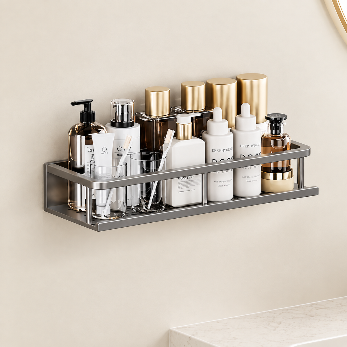 Aluminium perforated shower caddy shelf holding toiletries and bottles