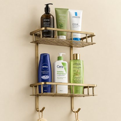 Two-tier solid brass slatted shower caddy with shelf rails and wall brackets