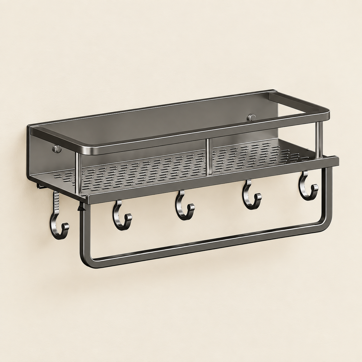 Aluminium perforated shower caddy shelf with towel bar and four hanging hooks