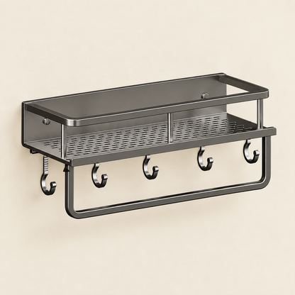 Aluminium perforated shower caddy shelf with towel bar and four hanging hooks