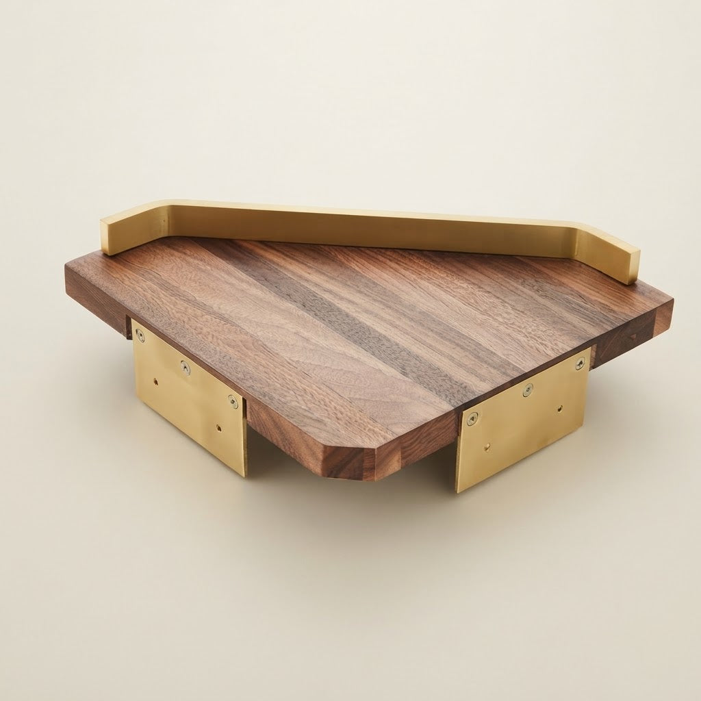 Walnut wood floating corner shelf with gold guard rail and corner brackets