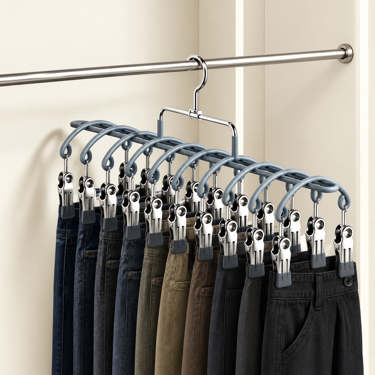 10-tier multi-peg hanger with blue pegs holding assorted jeans