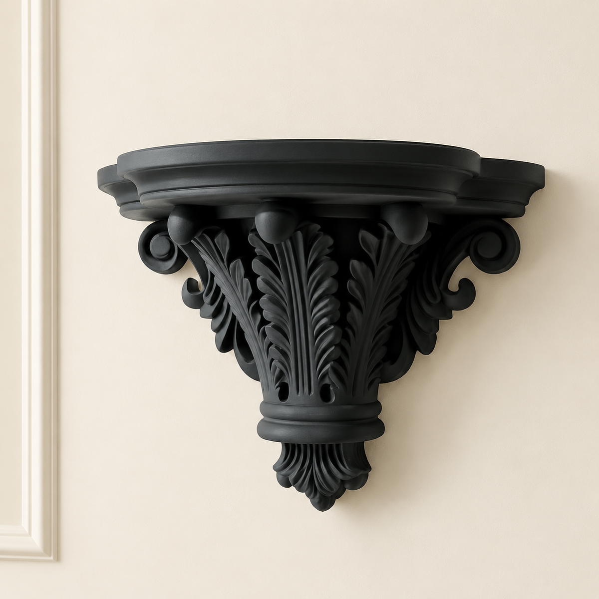 Black carved corbel floating shelf with smooth round top and detailed central column
