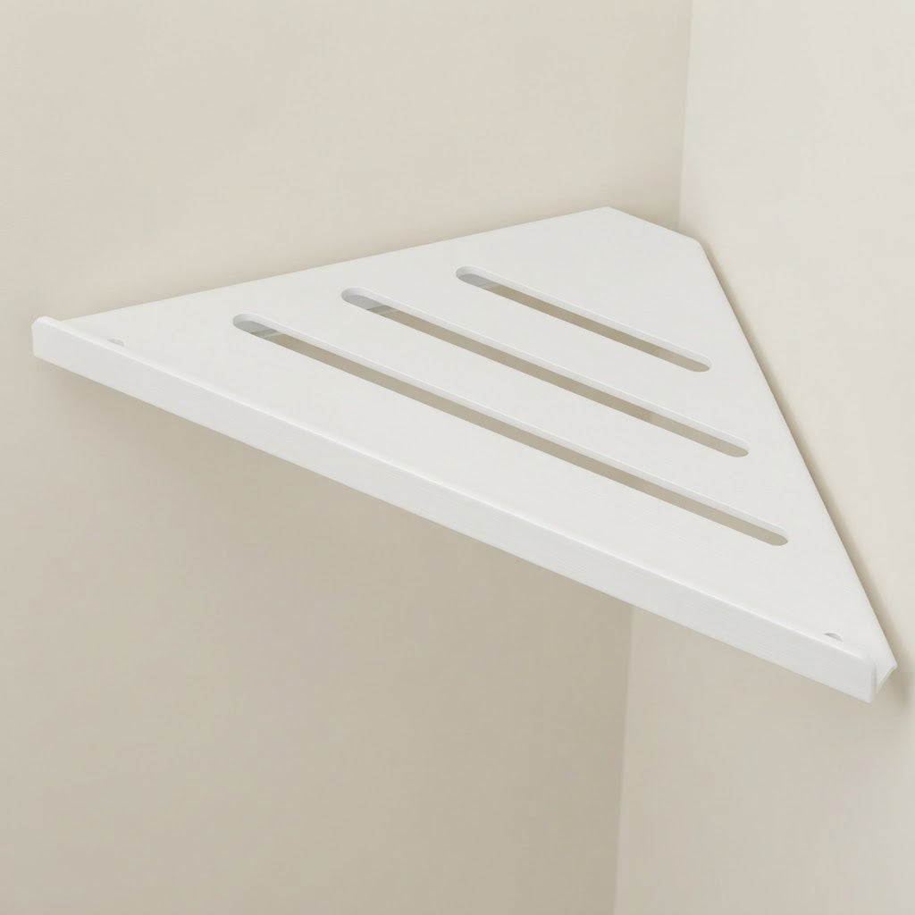 White stainless steel slatted corner shelf with three bar openings.