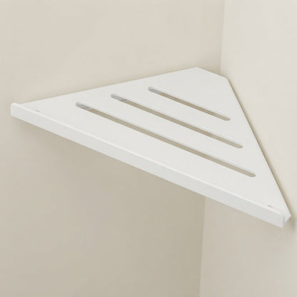 White stainless steel slatted corner shelf with three bar openings.