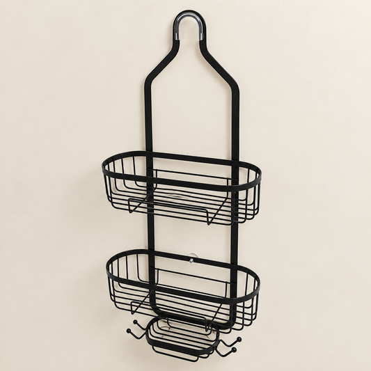 Black hanging shower head caddy with two-tier wire baskets and side hooks