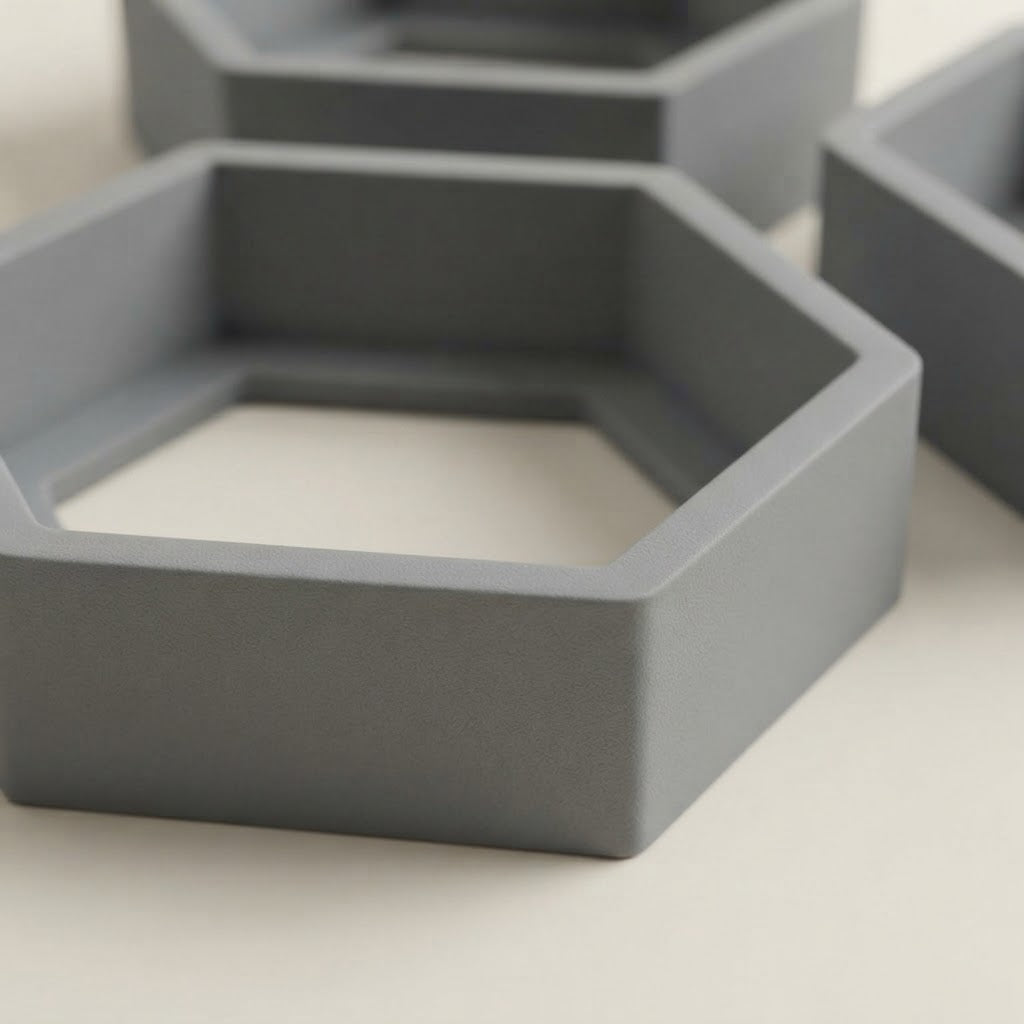 Grey hexagon floating wall shelf set, open hexagon compartment with flat base