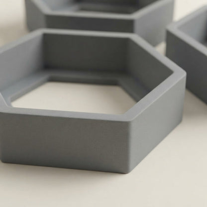 Grey hexagon floating wall shelf set, open hexagon compartment with flat base