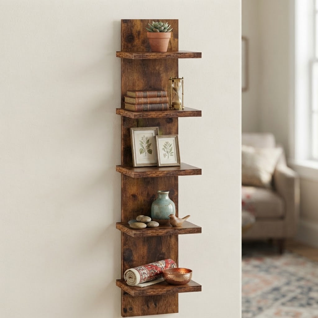 Rustic wooden 5-tier wall shelf with framed photos, vase, and candles