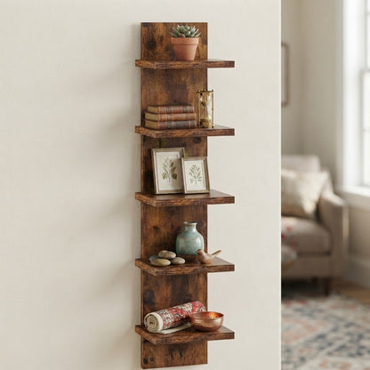 Rustic wooden 5-tier wall shelf with framed photos, vase, and candles