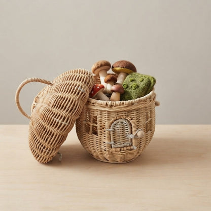 Muris woven rattan mushroom storage basket with khaki lid open, holding assorted items
