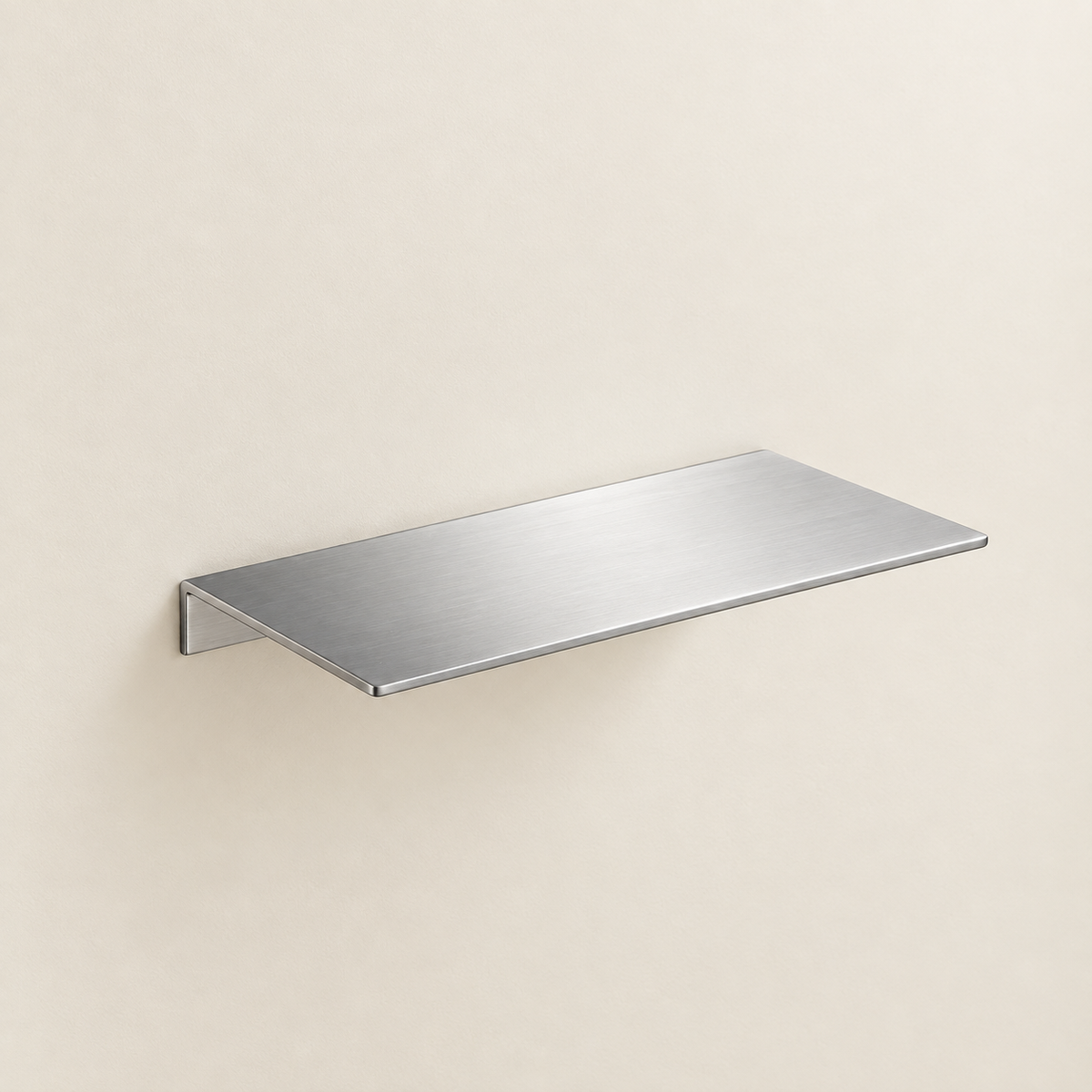 Brushed stainless steel floating shelf with slim rectangular ledge and side-mount brackets.