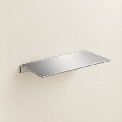 Brushed stainless steel floating shelf with slim rectangular ledge and side-mount brackets.