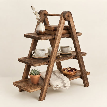 Brown wooden 3-tier worktop rack with three open shelves and side frame