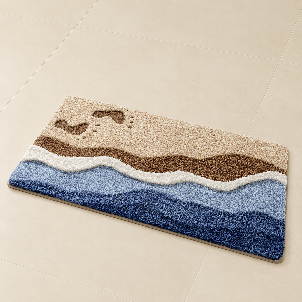 Fowey beach wave microfibre non-slip bath mat with coastal wave pattern, blue and tan