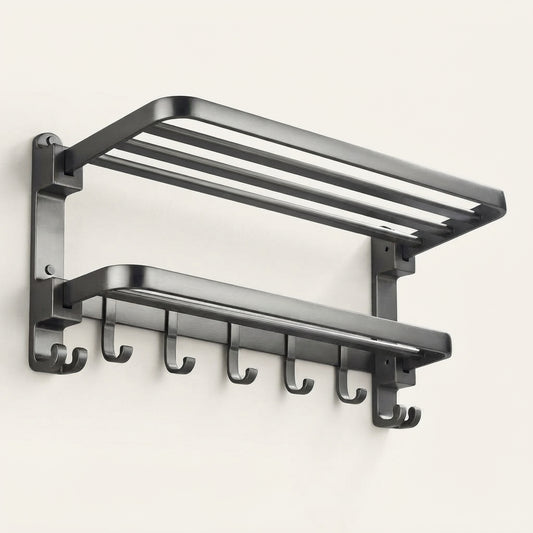 Wall-mounted folding towel shelf with hanging hooks and upper slat rack