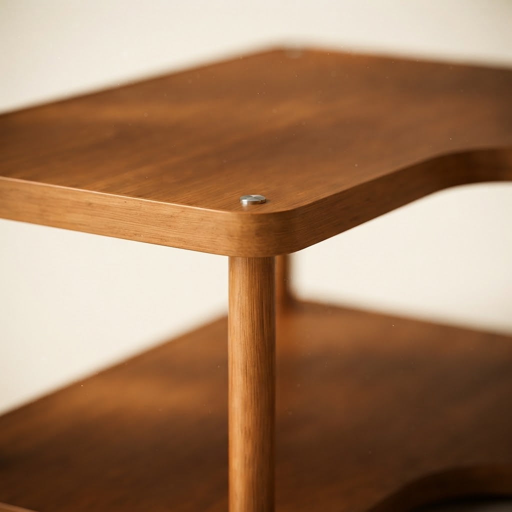 Bamboo kitchen corner rack corner joint with top shelf edge and mounting screws